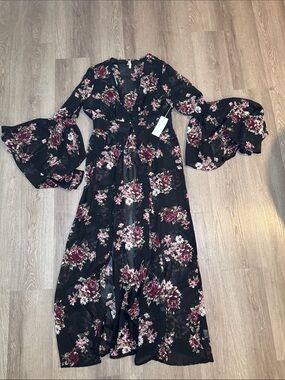 Truth Black Maxi Cardigan with Burgundy & Pink Floral Print